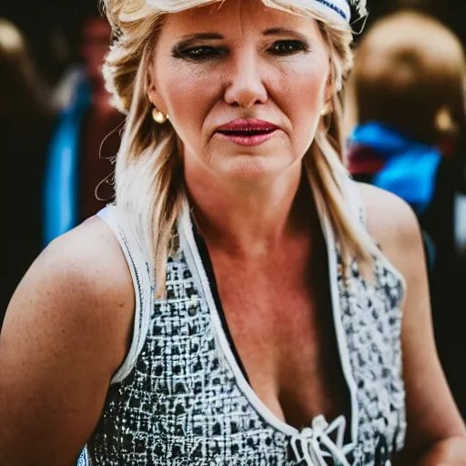 Image similar to female Donald Trump in bavarian dress , 50mm photography, high quality, 4K