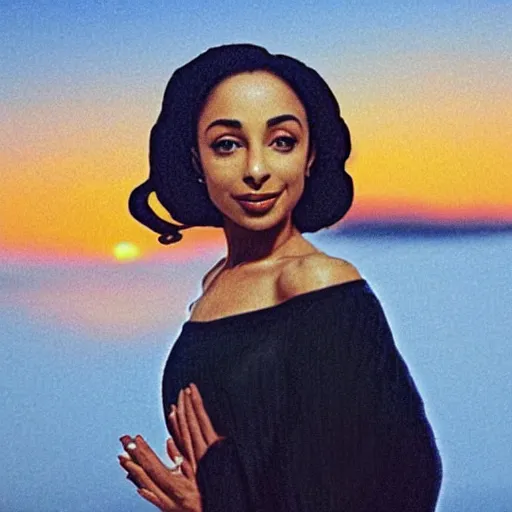 Prompt: picture of Sade Adu with sunset behind her singing while it's raining