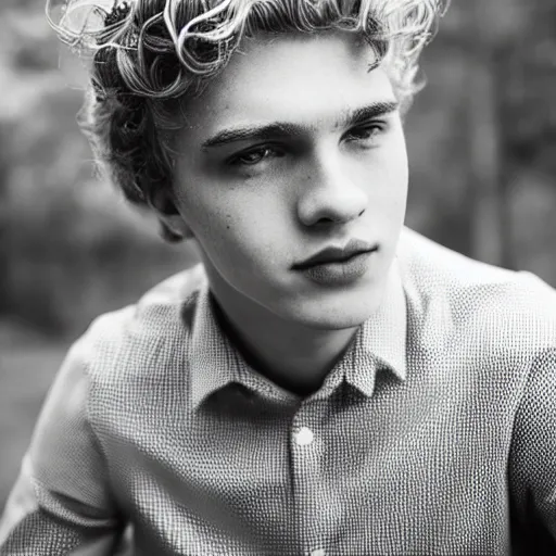 Image similar to close up of 1 8 year old man with wavy / curly light blonde hair, blue eyes, pale complexion, wearing 1 9 5 0 s clothing, 8 5 mm f / 1. 4