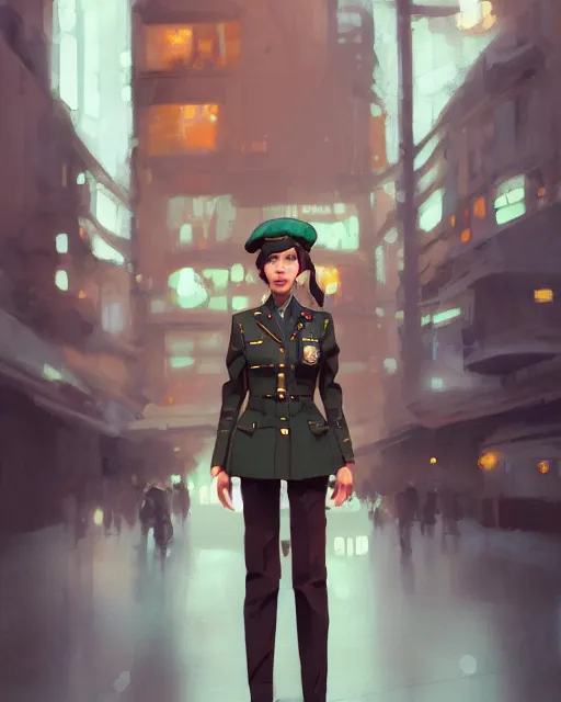 Image similar to young woman with shoulder length light brown hair and hazel eyes dressed in a sharp dark teal military uniform and beret, blurred city background in twilight lighting, ilya kuvshinov, anime, greg rutkowski, guweiz, ross tran, artstation trending, artgerm, concept art, digital painting, painterly