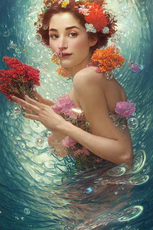 Image similar to portrait of a beautiful mysterious woman holding a bouquet of flowing flowers, small bubbles from her mouth, hands hidden under the bouquet, submerged underwater filled with colorful small fish and coral reef, fantasy, regal, intricate, by stanley artgerm lau, greg rutkowski, thomas kindkade, alphonse mucha, loish, norman rockwell