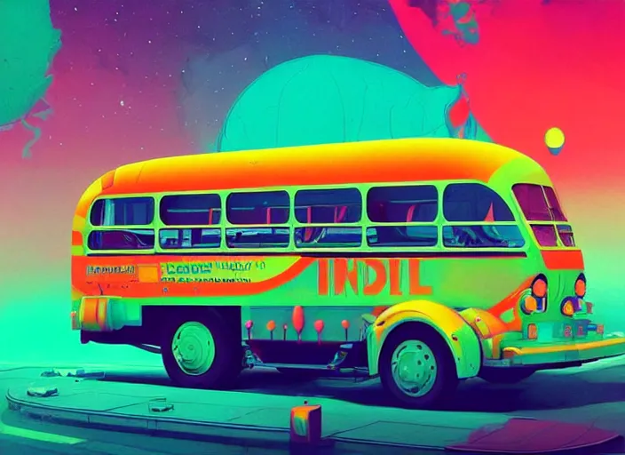 Image similar to a luminescent colorful indian bus by paolo eleuteri serpieri and tomer hanuka and chesley bonestell and daniel merriam and tomokazu matsuyama, unreal engine, high resolution render, featured on artstation, octane, 8 k, highly intricate details, vivid colors, vector illustration