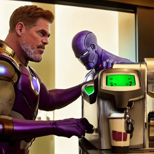 Prompt: thanos working at starbucks serving a latte to iron man, ultra realistic, 8 k, cinematic