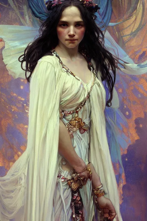 Image similar to hyperrealist portrait of a girl emperorit is decorated with long robes that fall like stars. by jeremy mann and alphonse mucha, fantasy art, photo realistic, dynamic lighting, artstation, poster, volumetric lighting, very detailed faces, 4 k, award winning