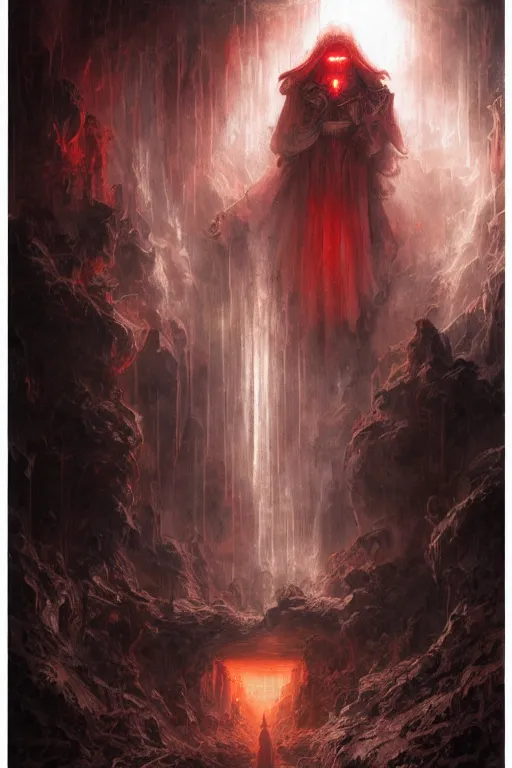 Image similar to a samurai cloaked in white armor, standing under a beam of light inside a dark cave, ruby red sorrow, high quality, ultra detail, by Peter Mohrbacher and Peter Gric