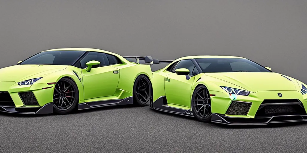 Image similar to a nissan gtr r 3 4 in a shape of lamborghini huracan car design, car photography, car design