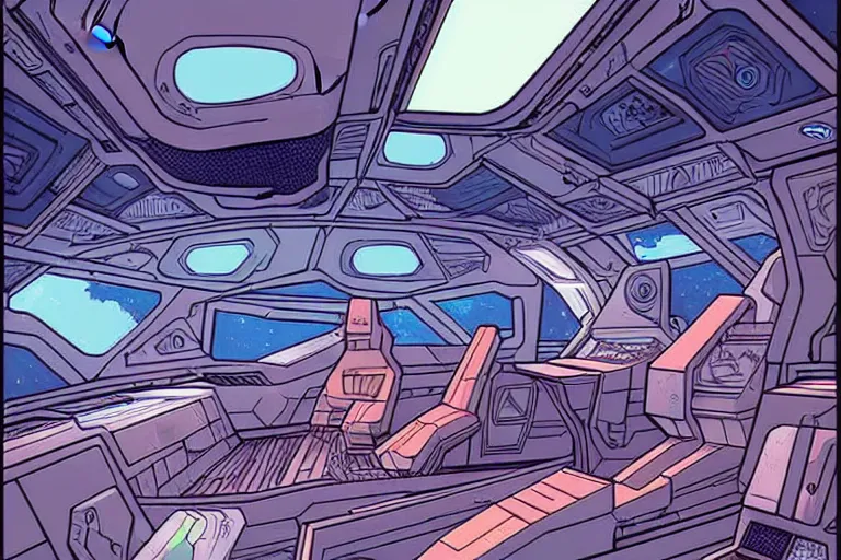 Image similar to a scifi illustration, hyper detailed spaceship interior. epic composition. flat colors, limited palette in FANTASTIC PLANET La planète sauvage animation by René Laloux