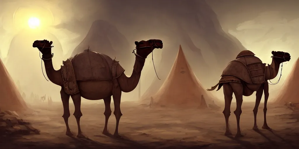 Image similar to a camel - like anthropomorphic merchant trader in a tent, chrome mechas, matte oil painting, retrofuturistic, concept art, science fantasy, mutant, lgbt, queer, rpg, epic, rusted, white salt, badlands, jungles, dungeons & dragons, sacred, sharp focus, award - winning, extremely detailed, 4 k, 8 k