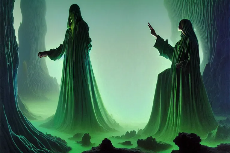 Prompt: the female arcanist and the male artificer by zacharias aagaard and albert bierstadt and zdzisław beksinski and james gilleard and wayne barlowe and marc simonetti and jean delville, beautiful, robes, highly detailed, hyperrealistic, intricate, energy, electricity, blue flame, low light, green crystal, high contrast