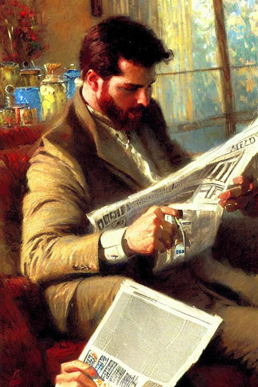 Image similar to attractive man drinking coffee and reading newspaper, painting by gaston bussiere, craig mullins