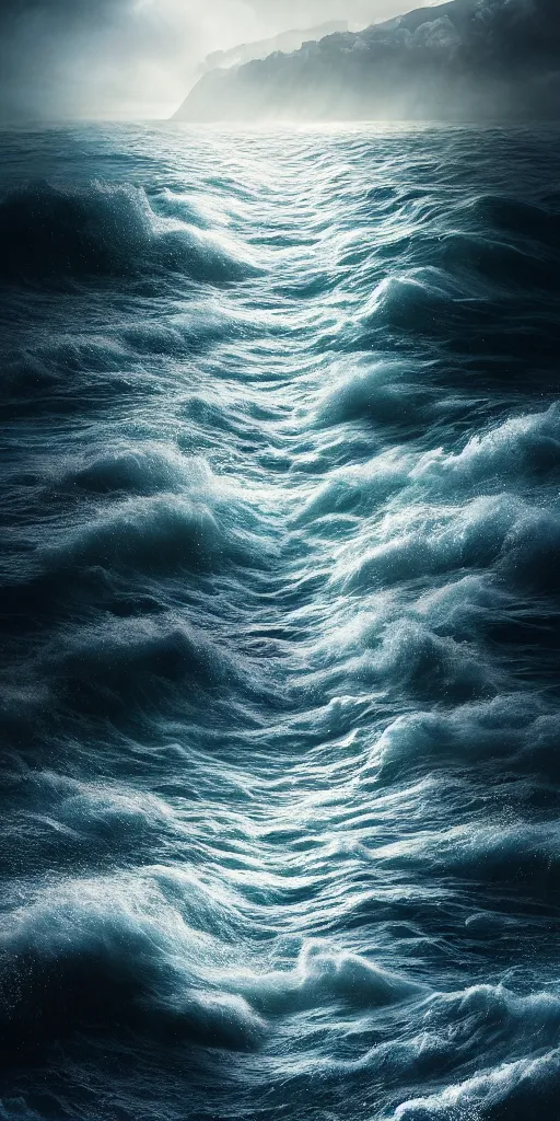 Prompt: a path through the sea, path, wall of water either side, biblical, exodus 1 4 : 2 1 & 2 2, moses, by stephen king, cinematic, hyperrealistic, evil, dark, cgsociety, 8 k