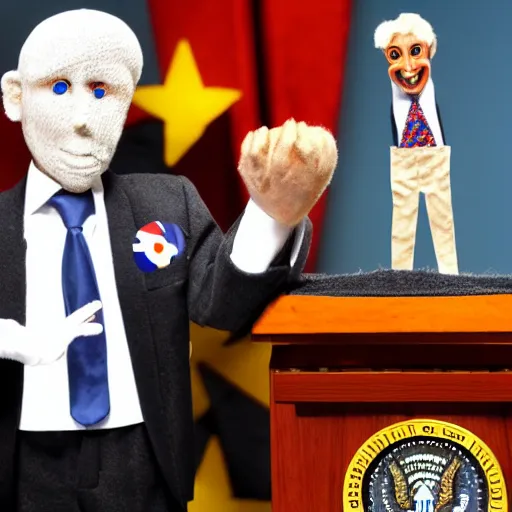 Image similar to crazy puppeteer using marionette of a president in a podium