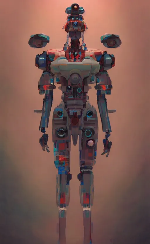 Image similar to upper half portrait of colourful army mecha robot, art by hsiao - ron cheng & zdzisaw beksinski, highly detailed, digital painting, concept art, illustration, smooth sharp focus, intricate, symmetry, artstation,