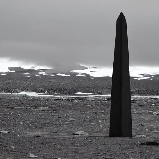 Image similar to a obelisk in antarctica. overcast sky, grainy.