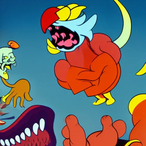 Prompt: uncanny repressed emotional monsters breaking free from the unconscious in a fiery revolution, the style of Fleischer studio cartoon animations