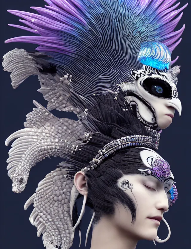 Image similar to 3 d goddess close - up profile simple portrait punk with mohawk with ram skull. beautiful intricately detailed japanese crow kitsune mask and clasical japanese kimono. betta fish, jellyfish phoenix, bio luminescent, plasma, ice, water, wind, creature, artwork by tooth wu and wlop and beeple and greg rutkowski