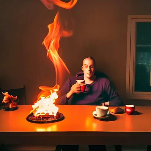 Image similar to a photograph of a room on fire, an human-like relaxed dog sitting at a table, ☕ on the table, surrounded by flames, a lot of flames behind the dog, smoke under the ceiling