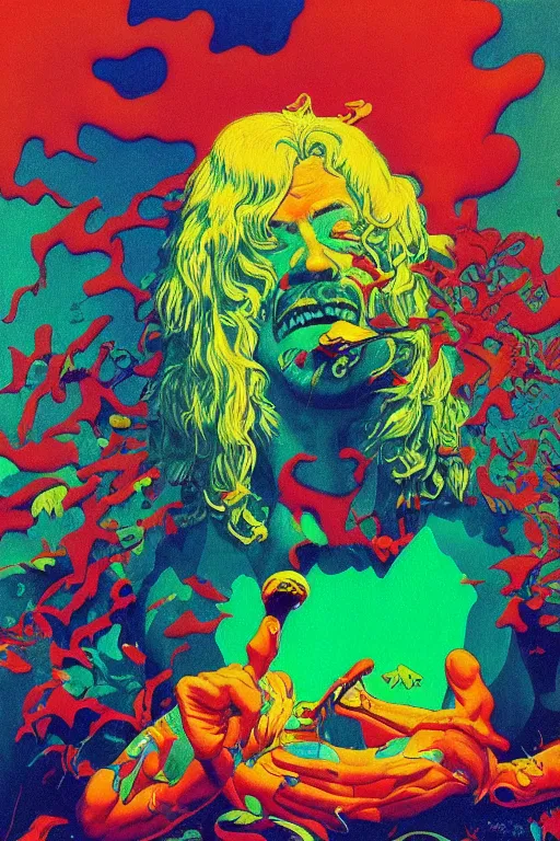 Prompt: a colorful vibrant closeup portrait of a Led Zeppelin licking a tab of LSD acid on his tongue and dreaming psychedelic hallucinations, by kawase hasui, moebius, Edward Hopper and James Gilleard, Zdzislaw Beksinski, Steven Outram colorful flat surreal design, hd, 8k, artstation