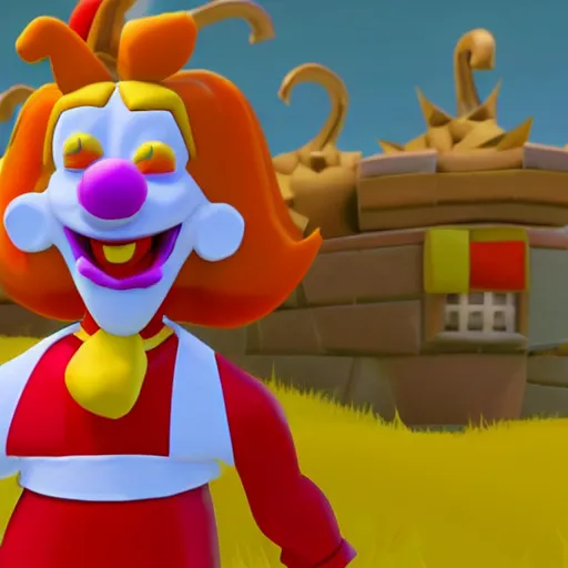 Image similar to image of ronald mcdonald, white face, red afro, red nose and yellow outfit as an enemy in spyro the dragon video game, with low poly playstation 1 graphics, upscaled to high resolution