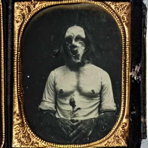 Image similar to daguerreotype photo of a man with a goat head, demonic, horror