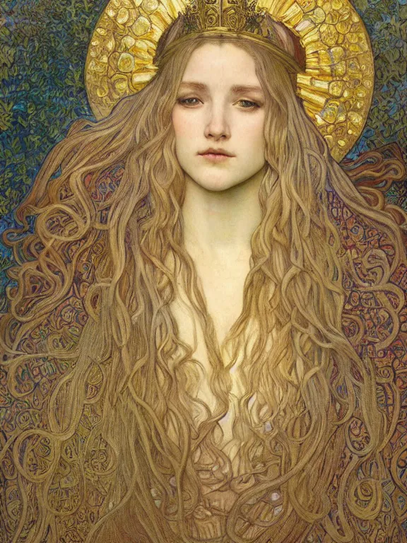 Image similar to detailed realistic beautiful young medieval queen face portrait by jean delville, alphonse mucha, vincent van gogh, and marco mazzoni, art nouveau, symbolist, visionary, gothic, pre - raphaelite