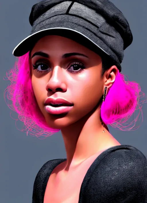 Image similar to portrait of teenage vanessa morgan with bright pink hair, black girl, vanessa morgan, curly pixie cut hair, wearing newsboy cap, newsboy cap, hoop earrings, intricate, elegant, glowing lights, highly detailed, digital painting, artstation, concept art, smooth, sharp focus, illustration, art by wlop, mars ravelo and greg rutkowski