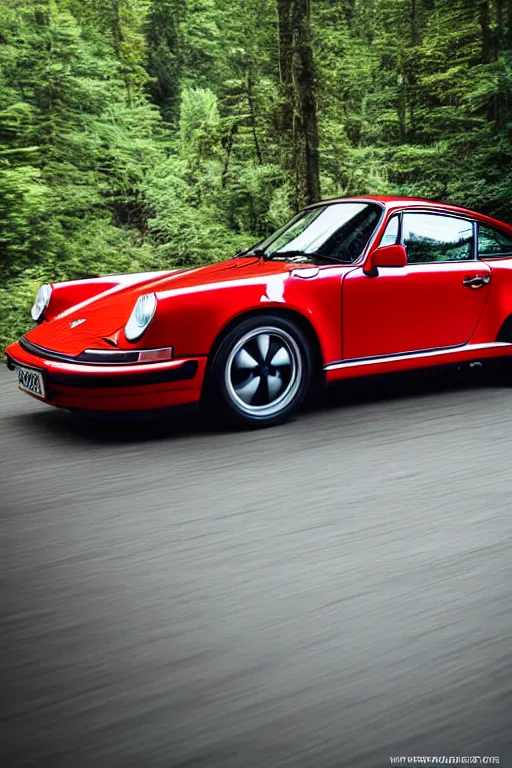 Image similar to Photo of a Porsche 911 Carrera 3.2 on a winding road through mountains and forests, volumetric lighting, highly detailed, technicolor.