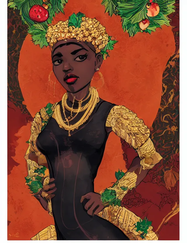 Image similar to black - skinned princess of the strawberry cream valley. this heavily stylized gouache and gold leaf work by an indie comic artist has interesting color contrasts, plenty of details and impeccable lighting.