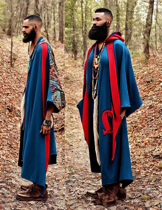 Prompt: longshot full modern detailed colorful cool handsewn textile cloak huge sleeves african american full beard shaved head nature creek river stream stones in the woods marc jacobs gucci robes chains necklace