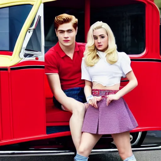 Prompt: Archie Andrews and Betty Cooper in a red Ford Model T