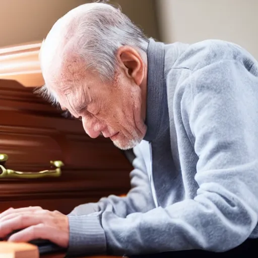 Image similar to casket with elderly man who is browsing internet on laptop from a casket