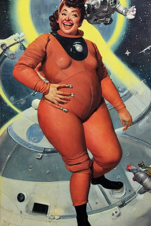 Image similar to 5 0 s pulp scifi fantasy illustration full body portrait laughing overweight woman in leather spacesuit, space scene, by norman rockwell, roberto ferri, daniel gerhartz, edd cartier, jack kirby, howard v brown, ruan jia, tom lovell, frank r paul, jacob collins, dean cornwell, astounding stories, amazing, fantasy, other worlds