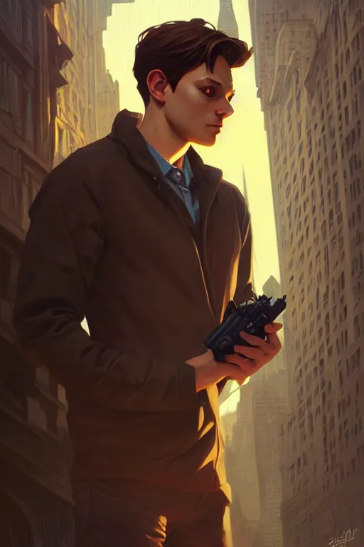 Prompt: Peter Parker, fantasy, portrait, sharp focus, intricate, elegant, digital painting, artstation, matte, highly detailed, concept art, illustration, ambient lighting, art by ilya kuvshinov, artgerm, Alphonse mucha, and Greg Rutkowski