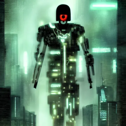 Image similar to a menacing cyborg, in the style of bladerunner movie. cyberpunk.