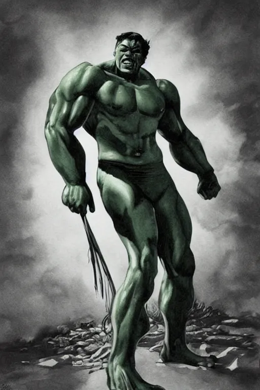 Prompt: buster keaton as the incredible hulk, comic book fantasy illustration, detailed painting, soft shading, dynamic lighting, comic book concept art