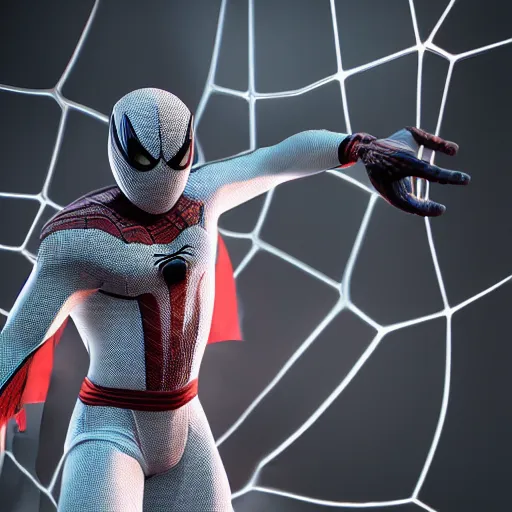 Image similar to black spider - man suit with white web lining, cinematic, volumetric lighting, realistic, hyperdetailed, photorealistic, photograph