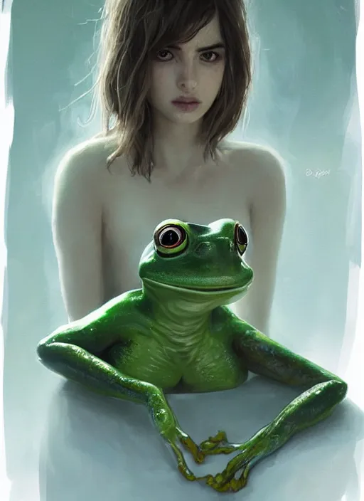 Image similar to portrait of my ethereal waifu cute innocent green slimy alien female froggy lady, ana de armas, with adorable uwu eyes painted by greg rutkowski, wlop,,