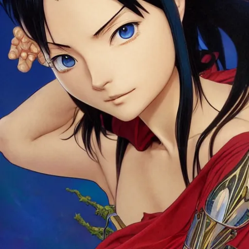 Image similar to highly detailed vfx portrait of nico robin by eiichiro oda!, makoto shinkai, alphonse mucha, sharp focus, art by artgerm and greg rutkowski!, backlit, harsh overhead sunlight, blue eyes!!, large aquiline nose!!, stanley kubrick, kaoru mori, shadows, best of behance,