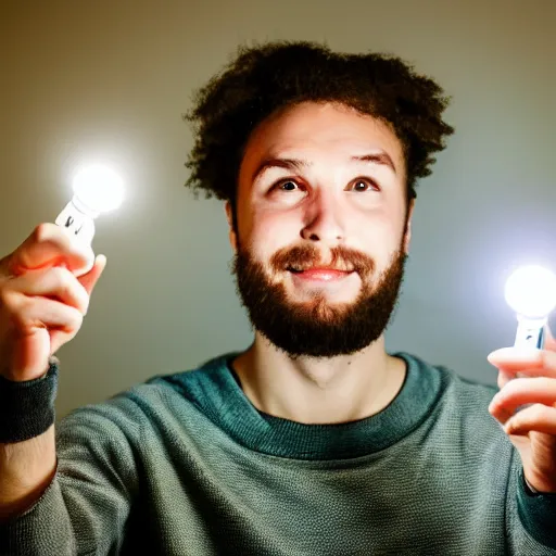 Prompt: man holding a bright flashlight at night