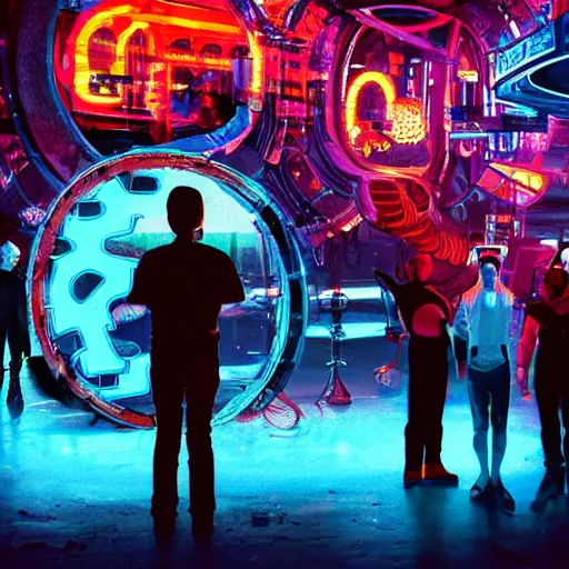 Prompt: a group of people standing around a giant cyclope mickey mouse, cyberpunk art by david lachapelle, cgsociety, dystopian art by industrial light and magic, concept art, neons, interior