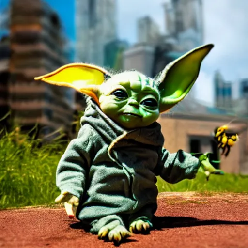 Image similar to baby yoda in a bee costume with antennae and wings flying in epic action pose, 8k selfie photograph