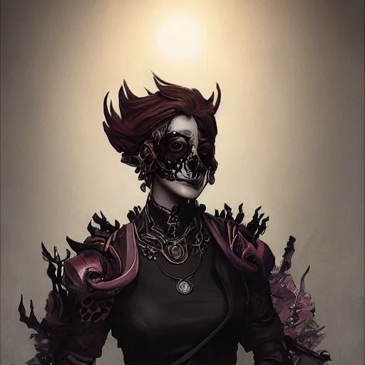 Prompt: dark fantasy character portrait of Moira from Overwatch, wearing skull mask, dystopian mood, intricate, wild, highly detailed, digital painting, artstation, upper body, concept art, smooth, sharp focus, illustration, art by artgerm and greg rutkowski and alphonse mucha