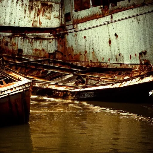 Prompt: the interior of a flooded rusty shipwreck, dark, scary lighting, scary, creepy, eerie, horror, submechanophobia, murky water, photo,