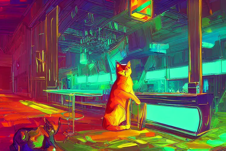 Prompt: a digital art of a cat sits on a chair in a luminous disco bar, animal, light effect, highly detailed, by anton fadeev