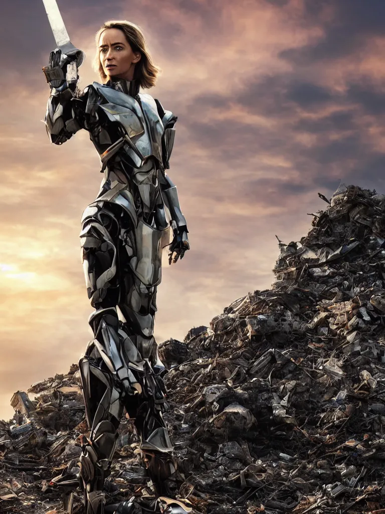 Image similar to emily blunt in futuristic power armor, close up portrait, solitary figure standing atop a pile of rubble, holding a sword on her shoulder, sunset and big clouds behind her