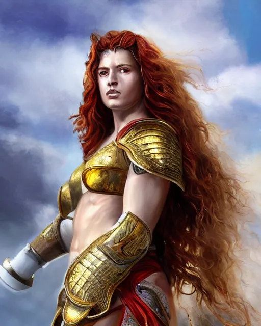 Prompt: Hyper realistic painting of a female fighter with long curly shiny red hair, white skin and broad shoulders in a golden cuirass and white armor elements, d&d character, she looks like an ancient greek soldier, she is super athletic, vibrant colors, natural light, the ocean is in the background, low angle, mist, micro details, octane render, in the style of Greg Rutkowksi, Artgerm and Jaime Jones, trending on artstation, concept art for movies