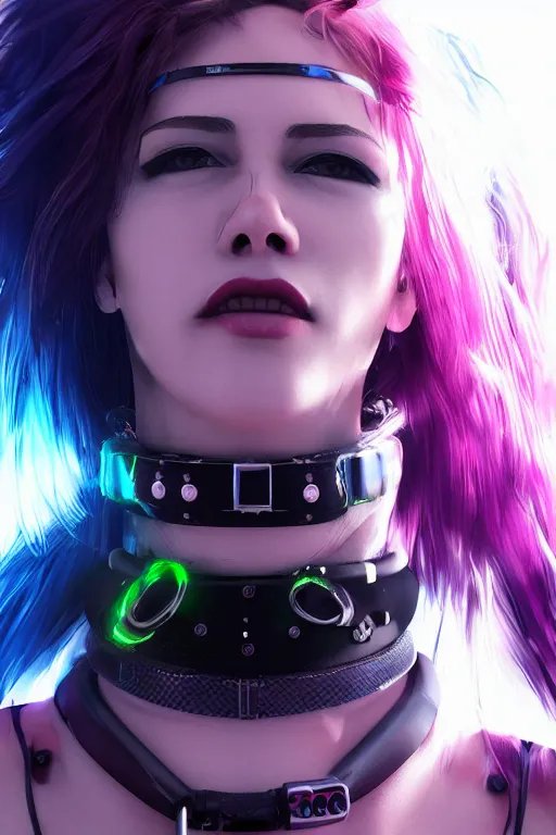 Image similar to detailed realistic female rock star cyberpunk wearing thick technological collar around neck, realistic, art, beautiful, 4K, collar, choker, collar around neck, punk, artstation, detailed, female, woman, choker, cyberpunk, neon, punk, collar, choker, collar around neck, thick collar, tight around neck, punk,