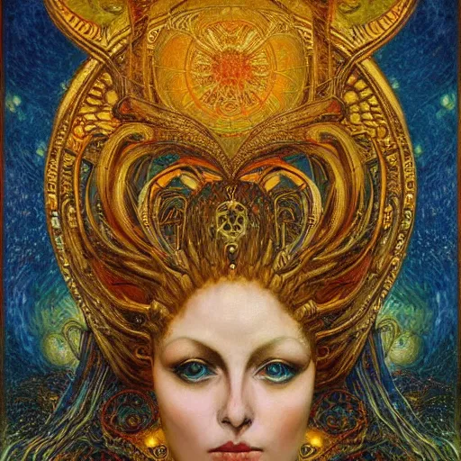 Image similar to Divine Chaos Engine by Karol Bak, Jean Deville, Gustav Klimt, and Vincent Van Gogh, beautiful visionary mystical portrait, sacred, otherworldly, fractal structures, ornate gilded medieval icon, third eye, spirals