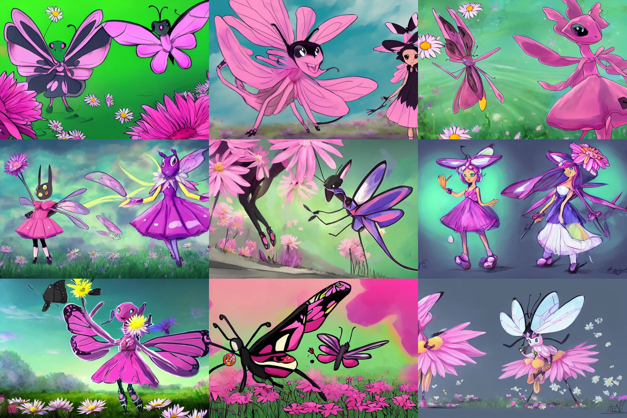 Prompt: butterfly pokemon with black eyes and antennae like a mantis wearing a floe pink maid dress floating over a field of daisies wearing converse skater shoes and a witch hat, concept art by brent hollowell artstation