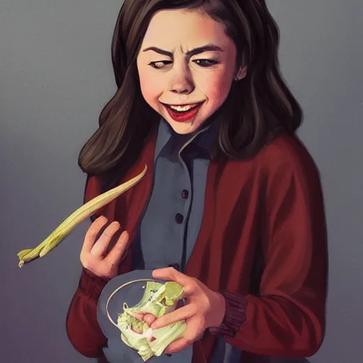 Image similar to young vampire aubrey plaza eating a clove of garlic, art by sam yang